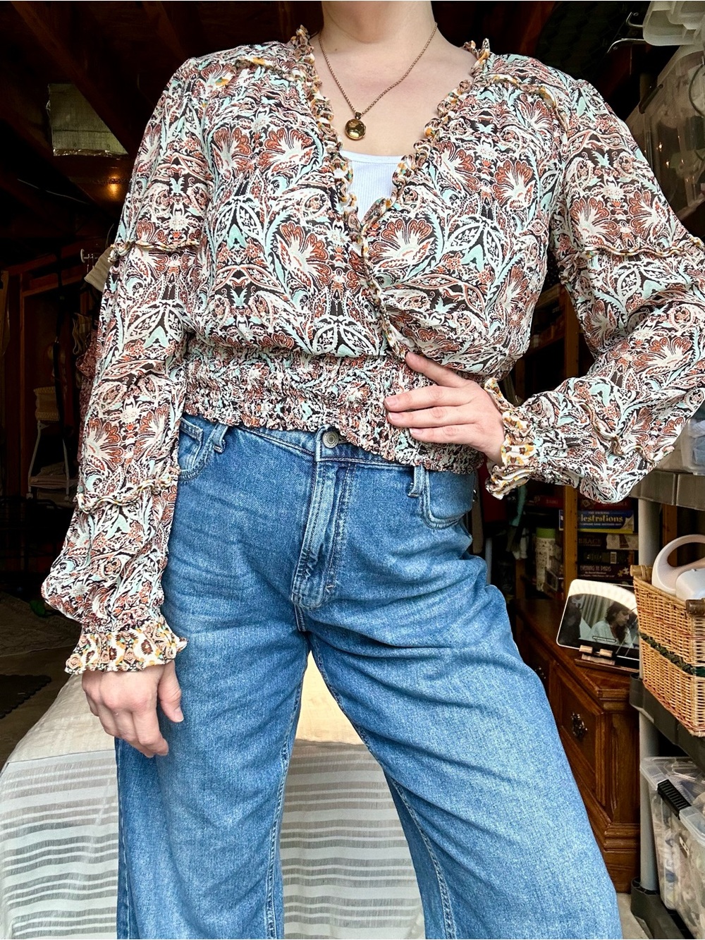 Anthropologie Paisley Ruffle Smocked Crop Blouse